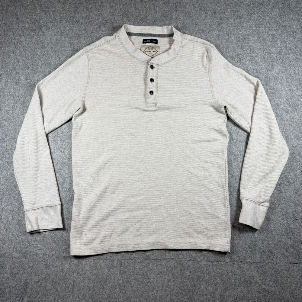 St Johns Bay Mens Super Soft Henley Shirt M Oatmeal Waffle Knit Long Sleeve